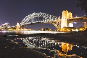 Sydney Harbour Bridge at night from waters edge